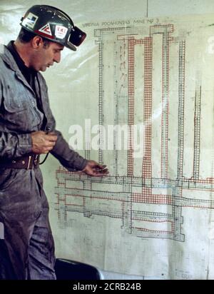 Harold Stanley, directeur de la sécurité pour l'Virginia-Pocahontas Coal Company, regarde une carte Échantillon de la mine n° 3 au 1 250-pieds dans son bureau près de Richlands, Virginie Avril 1974 Banque D'Images