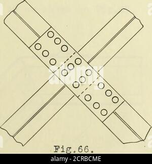 . Détails des ponts de treillis ferroviaire rivetés . les onals sont composés de deux angles placés dos à dos et rivés atintervalles le long de leur longueur. Une diagonale est rivetée le long de l'extérieur de la plaque de jonction sur les deux cordes, tandis que l'autre est rivetée à l'intérieur. À leur intersection, ils sont riveteto l'un l'autre. Parfois directement et parfois en mettant une plaque asmall entre les deux paires d'angles. Il est préférable que t 38 ait cette petite plaque afin de maintenir les compteurs droits. Une autre forme commune d'intersection est montrée par Pig.65.UNE grande plaque est utilisée à l'intersection et le compte Banque D'Images