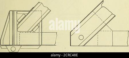 . Détails des ponts de treillis ferroviaire rivetés . Fig. 38. Porc.39. Une méthode d'utilisation de la plaque de jonction est illustrée dans Pig, 38. La corde inférieure et le montant d'extrémité ont la même largeur et sont reliés au moyen de deux plaques rivetées à l'intérieur des membres. Ce détail est net et économique. Une fonction à noter est plaques l'extension des deux^en dessous de la corde inférieure. Cette extensionfournit une connexion au piédestal, ce qui permet de fixer directement et rigidement la corde inférieure de l'appui sur le piédestal. La borne d'extrémité est rivetée sur le terrain à la plaque. Ce détail est bon. -24 une autre connexion de plaque rivetée Banque D'Images