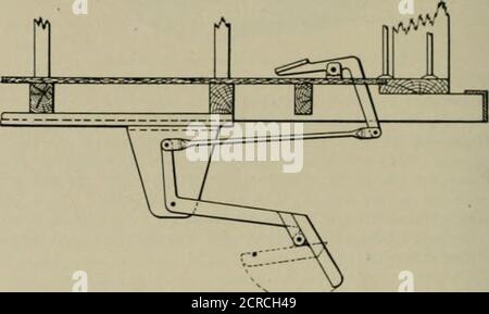 . Le chemin de fer de rue révision . RM par un ressort de torsion. Par cette précaution, si le pincement du défonceuse doit être enfoncé dans la fente et ne pas être retiré lorsque l'extrémité de la fente est atteinte, Ou si elle doit être par inadvertance enfoncée sur une partie de la piste, l'orteil lors de la rencontre d'une résistance fixe se replie comme la lame d'un couteau de cric, comme indiqué par les lignes pointillées sur la Fig. 3. Le lit excavé dans lequel l'arbre de roche fonctionne devrait être drainé par la méthode simple de .wme pour empêcher la formation de glace, mais si cela doit être négligé le conduit est ainsi construit que la quantité aconsidable d'eau et Banque D'Images