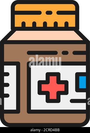 Bocal médical avec des pilules et des médicaments plat ligne de couleur icône. Illustration de Vecteur