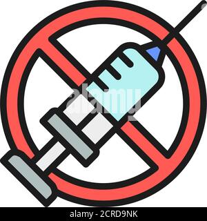 Signe interdit avec seringue, pas de vaccination, pas d'injection icône de ligne de couleur plate. Illustration de Vecteur