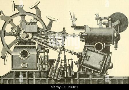. Le journal ferroviaire et technique . moteur haute pression. A partir du même arbre de pompe sont alsoentraîné deux pompes d'alimentation et deux pompes de cale, ayant des pistolets-métal de 8 in. De diamètre et est-in. Course ; l'un des lateris est disposé pour fonctionner comme une pompe sanitaire, pour faire circuler l'eau à travers les toilettes et les urinoirs quand les enginessont au travail. Les différents leviers de manipulation de ces en-gines sont rassemblés sur un niveau avec la plate-forme principale, immédiatement devant le cylindre haute pression, permettant à l'ingénieur d'avoir une bonne vue du moteur. Les roues à palettes sont sur le principe de mise en drapeau, au-delà de h. Banque D'Images