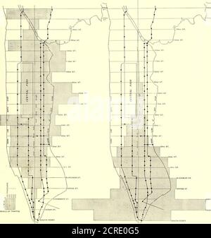 . Journal de chemin de fer de la rue . T. Co.) à l'heure de pointe en semaine, août 1901. CARTES MONTRANT LA DISTRIBUTION DES TRAINS CARSAND PENDANT LES HEURES DE RUSH ONSURFACE ET LES LIGNES ÉLEVÉES DANS LA VILLE DE NEWYORK JIJ^^^^^^^^^^^^^^^^^ OCTOBRE 5, T90T.] JOURNAL DE CHEMIN DE FER DE RUE. 389 comparaison avec la variation des passagers transportés isvery marquée. Les courbes de la troisième Avenue et de la sixième Avenue sont extrêmement ilées, en portant les mêmes caractéristiques que les lignes de surface de Manhattan, c'est-à-dire la petite variation du service de thecar entre les heures de pointe et la mi-journée. Le schéma d'accompagnement, ou carte, montre la puissance de la circulation descendante Banque D'Images