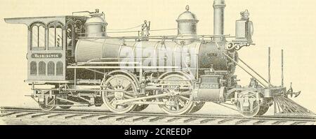 . Le journal de chemin de fer et d'ingénierie . 4 distance du centre de l'avant au centre des roues motrices arrière 6 fl. 3 empattement total du moteur 27 * o diamètre des cylindres 14 course des cylindres 22 diamètre extérieur du plus petit anneau de la chaudière 52 longueur de la boîte à incendie, à l'intérieur 5 ft.IIJ^in. Largeur de la boîte à feu, intérieur 3 5 profondeur de la boîte à feu, couronne jusqu'en haut ^ 3 o de grille ^3 5% nombre de tubes i86 diamètre extérieur des tubes .... 1 % po Longueur des tubes 7 ft. io?X surface de la boîte de vitesse 2 oJ^ pi 2. CA. Surface de chauffage, boîte incendie 77^ * * surface de chauffage, tubes 667?^ * surface de chauffage, total 745^ Echappement no2zIes Double. SIZ Banque D'Images