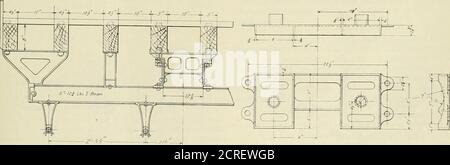 . Ingénieur américain et journal ferroviaire . POUTRES DE DÉPOUILLE ET TRUSSING. COUPE TRANSVERSALE À LA POUTRE D'AIGUILLE. Seuils comportant des ergots qui s'insèrent dans le seuil d'extrémité. Les détails de ce moulage, ainsi que celui utilisé pour les intermédiaires, sont illustrés. Le seuil d'extrémité a une largeur de 9 po et une profondeur de 9 %. Le sous-fram-ing est attaché ensemble par quatre tiges de barre de 1 % in. Et, à un degré plus vérifiépar les seuils de dépouille en acier. Cette construction est simple et facilite la réparation de l'extrémité et des longerons, et la force de l'extrémité n'est pas altérée par le beingmortised. Les seuils de dépouille étendent l'ensemble Banque D'Images