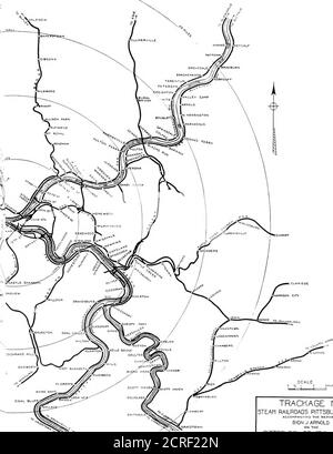 . Rapport sur le problème des transports à Pittsburgh, présenté à l'honorable William A. Magee, maire de la ville de Pittsburgh . CARTE DES LIGNES DE CHEMIN DE FER À VAPEUR 1 cette carte schématitique du quartier autour de Pittsburgh donne un conctinto clair propre à Pittsburgh. Les routes irrégulières de la plupart des lignes soulignent également la caractéristique frappante de ce développement est la mise en parallèle des quatre rivières par chemin de fer roadcity, et c'est dû au fait que ces terres de fond ont été depuis longtemps compleeljpour obtenir une entrée efficace dans Pittsburgh.. CARTE DES VOIES FERRÉES À VAPEUR QUARTIER DE PITTSBURGH :OMPANYINC LE RAPPORT DE Banque D'Images