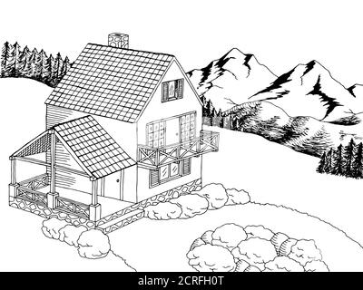 Village maison graphique art noir blanc paysage illustration vecteur Illustration de Vecteur