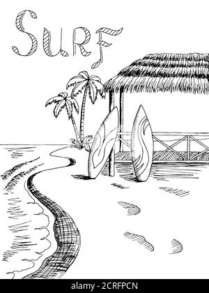 Surf board mer art graphique noir blanc paysage illustration vecteur Illustration de Vecteur