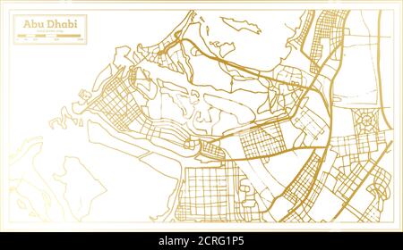 Carte de la ville des Émirats Arabes Unis d'Abu Dhabi en style rétro en couleur dorée. Carte de contour. Illustration vectorielle. Illustration de Vecteur