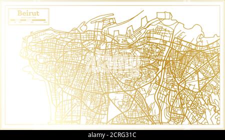 Beyrouth Liban carte de la ville en style rétro en couleur dorée. Carte de contour. Illustration vectorielle. Illustration de Vecteur