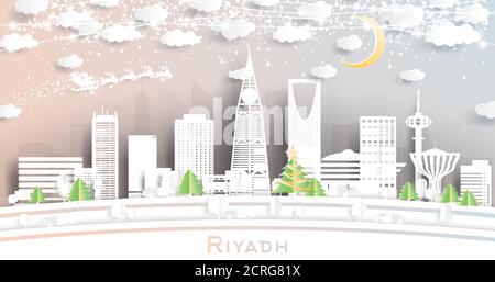 Riyadh Saudi Arabia City Skyline en papier coupé avec Snowflakes, Moon et Neon Garland. Illustration vectorielle. Concept Noël et nouvel an. Père Noël Illustration de Vecteur