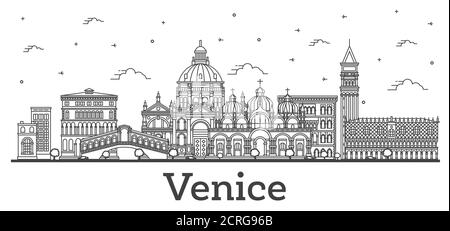 Contour Venise Italie Skyline avec bâtiments historiques isolés sur blanc. Illustration vectorielle. Venise Cityscape avec des sites touristiques. Illustration de Vecteur