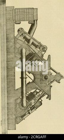 . Le chemin de fer et le tourillon . cylindre haute pression 14 in , diam-mètre basse pression 24 in, les deux 17 in. Course. Il existe également une pompe de circulation d'air auxiliaire. La pompe de circulation principale est une pompe d'acentrifugation avec tuyau d'aspiration et de refoulement d'un diamètre de 16 pouces. Le moteur est transporté par deux lourds keelsons de plaques d'acier et de cornières-fers, sur lesquels sont les GALLOSFRAMES EN FORME DE A des poutres de boîte construites de plaques de fer forgé et d'angles. Ces châssis sont reliés par des entretoises d'oscillation, et portent sur le dessus les cales d'oreiller de l'arbre principal. Thekeelsons reposent sur des keelsons de pin jaune sur le dessus de Banque D'Images