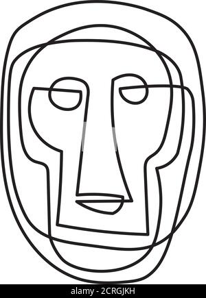 Visage de singe masque tribal continu de style ligne unique isolé sur blanc Illustration de Vecteur