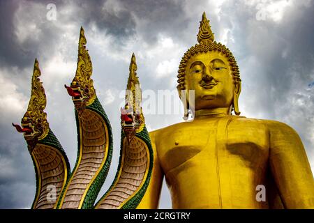 La Naga et large​ golden​ sitting​ Buddha​ statue​ at​ Wat​ Muang​ temple​ located​ Ang​ Thong et Ayutthaya.​ Banque D'Images