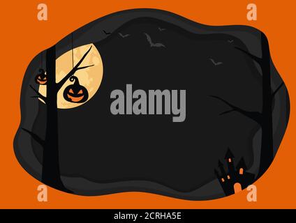 Le fond de modèle Halloween noir vectoriel horizontal avec une bordure de couche orange gris foncé, une lune, une chauve-souris, une citrouille Illustration de Vecteur