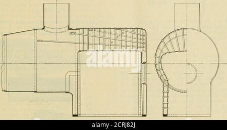 . Le journal de chemin de fer et d'ingénierie . e bars question 182. Y a-t-il une forme de construction qui éprouverait la difficulté de rester des feuilles de couronne - qui a été pointedout? .-In-uier. Oui. Dans ce qui est l&lt;nowci comme la boîte de feu Helpaire la tôle de couronne et la coque de la chaudière au-dessus de lui sont madeFlat, comme illustré dans les figures. 97 et 98. qui montrent les sections longitudinales et transversales de cette forme de boîte incendie. Ces plaques restaient avec des vis, b, b, b, à angle droit par rapport aux plaques. Les côtés, qui sont également plats, sont restés avec des tiges, r, r r,qui passent par les deux côtés. Question Banque D'Images