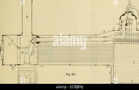 . Le journal de chemin de fer et d'ingénierie . amortisseurs pour l'admission ou l'exclusion de l'air du feu. La partie cylindrique C C, ou la taille de la chaudière, comme on l'appelle certaines-limes, contient la plus grande partie de l'eau à chauffer. La fumée et les produits de la combustion sont conduits de la boîte à feu à l'extrémité arrière à la boîte à fumée ihe à l'extrémité avant au moyen des tfues ou des tubes, a , qui sont généralement d'environ 2 in.in de diamètre et de 10 10 12 ft. De long. Ces tubes sont de l'eau de wiih et sont faits de petit diamètre de sorte que la fumée de totub-diviser IHE en beaucoup de petits ruisseaux et ainsi exposeit 10 a l Banque D'Images