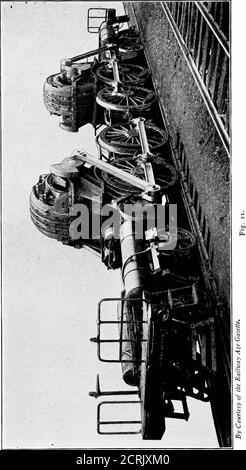 . Traction électrique et ingénierie de la transmission . Fig 20 sur les chemins de fer, la vitesse est réduite par une pionon de l'arbre moteur qui s'engrène avec une roue dentée sur l'arbre de roue. Figure 20 montre deux motoréducteurs G. E.-69, 200 moteurs à courant continu à cheval montés sur un camion, utilisés sur le West Jersey et le chemin de fer de Seashore. Les attermethodes d'entraînement sont utilisés dans le service de locomotive à grande vitesse.dans les locomotives électriques de Pennsylvanie les moteurs sont montés sur le châssis et reliés latéralement aux roues motrices par un système de manivelles et de bielles parallèles, LA TRACTION ET LA TRANSMISSION. TYPES ET PERFOR Banque D'Images