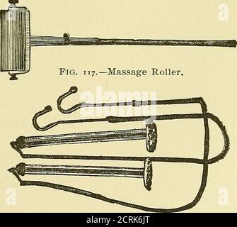 . Les utilisations médicales et chirurgicales de l'électricité : y compris les rayons X, la lumière de Finsen, les traitements vibratoires, et les courants à haute fréquence . Figure 115.—électrodes à étincelles. Fig- 116.—électrode de carbone pour pulvérisation. Figure 118.—poignées et éponges pour courants de bocal Leyden. Banque D'Images