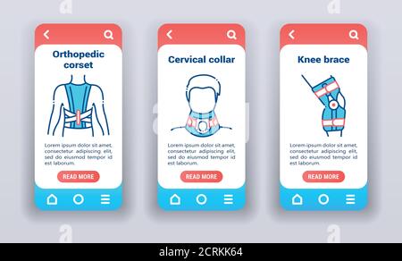 Maladies orthopédiques sur les écrans d'intégration des applications mobiles. Icônes de ligne, corset, correcteur de posture, col cervical, étrésillon de genou. Illustration de Vecteur