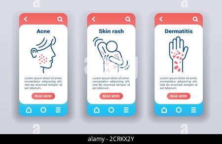 Maladies dermatologiques sur les écrans d'intégration des applications mobiles. MODÈLE UI UX GUI. Illustration de Vecteur