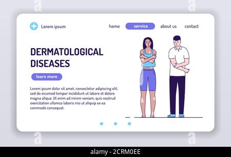 Bannière Web sur les maladies dermatologiques. Fille avec vitiligo et un gars avec une éruption cutanée. Caractères de dessin animé isolés sur fond blanc. Concept de page Web Illustration de Vecteur