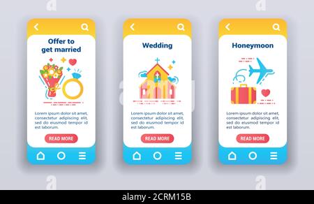Mariage sur les écrans d'intégration des applications mobiles. MODÈLE UI UX GUI. Illustration de Vecteur