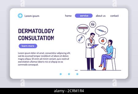 Bannière Web de consultation dermatologique. Diagnostic ou traitement de la maladie. Caractères de dessin animé isolés sur fond blanc. Concept de page Web, smm Illustration de Vecteur