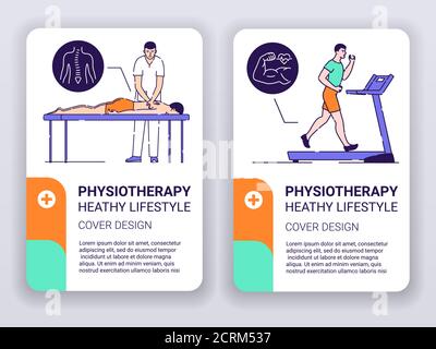 Modèle de brochures de bannière Web de physiothérapie. Le médecin dispense des massages au patient et fait de l'exercice cardio. Imprimer le dessin avec le personnage de dessin animé des illustrations linéaires Illustration de Vecteur