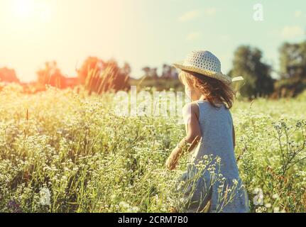 Bonne petite fille dans chapeau de paille marchant dans les fleurs terrain par une journée d'été ensoleillée Banque D'Images