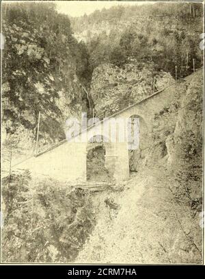 . Journal de chemin de fer de la rue . PARTIE SUPÉRIEURE DU MENDELBAHN Ueberetscherbahn comme une ligne à voie unique de calibre standard, allant vers le sud-ouest jusqu'à St. Anton, via Kaltern et Mitterdorf. ATST. La connexion Anton est faite avec le chemin de câble de jauge étroite qui traverse le pfusserlahn gulch jusqu'aux hôtels Penegaland Mendelhof au col Mendel. VIADUCT AVEC DEUX ARCHES SUR la remorque MENDELBAHN dispose de quinze sièges de première classe, trente sièges de troisième classe, une salle de plat pour environ quinze passagers, et un studio de bagages. Le poids d'un moteur vide, d'une voiture est de 18.5 tonnes, d'une remorque de 12.5 tonnes et d'une Banque D'Images