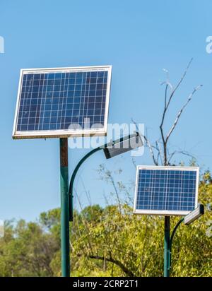 Poteau d'éclairage de rue avec panneau photovoltaïque et lampes LED sur fond vert Banque D'Images