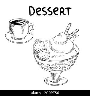 Dessert fraise glace tasse café nourriture graphique art noir vecteur d'illustration d'esquisse blanc Illustration de Vecteur