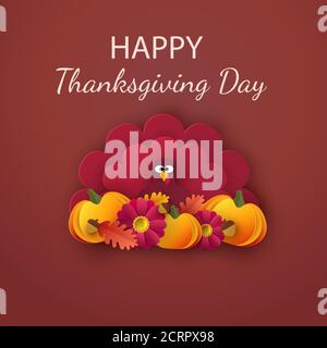 Carte de vœux, affiche, bannière, circulaire de Thanksgiving heureux. Arrière-plan d'automne avec des feuilles, des glands, de la citrouille et une jolie dinde de dessin animé. Vecteur Illustration de Vecteur