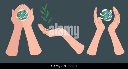 Jeu de mains tenant le globe terrestre sur fond bleu. Set avec les mains pour le jour de la Terre. Concept d'écologie des vecteurs pour l'affiche sociale, la bannière ou la carte sur le Illustration de Vecteur