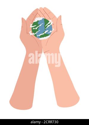 Main tenant Globe Earth sur fond blanc. Vector éco design pour poster social, bannière ou carte sur le thème de sauver la planète dans un style plat. Illustration de Vecteur