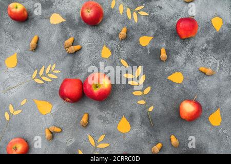 Concept de jour de Thanksgiving. Composition automnale avec feuilles d'automne, pomme et glands sur fond sombre. Flat lay, vue de dessus Banque D'Images