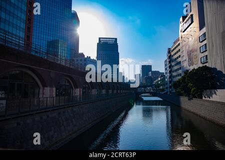 La rivière au pont Mansei à Tokyo vue large Banque D'Images