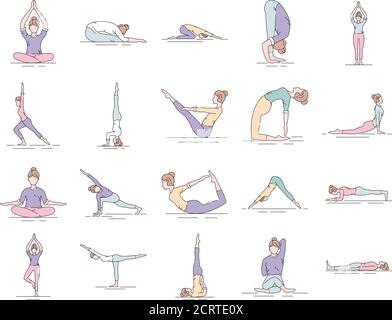 Jeu d'icônes de la ligne de couleur du yoga. Différentes poses de yoga et asanas. Pictogramme pour page Web, application mobile, Promo. Élément de conception UI UX GUI. Contour modifiable. Illustration de Vecteur