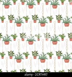 Fleurs en pot marmites macrame motif sans couture, style scandinave moderne, plantes suspendues texture infinie. Illustration vectorielle Illustration de Vecteur