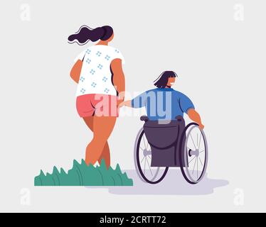 Illustration vectorielle de la femme handicapée. Jeune heureuse personne handicapée en fauteuil roulant et son ami. Concept de personnes handicapées heureuses Illustration de Vecteur