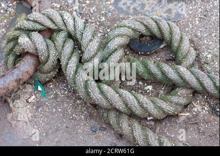 Corde nouée dans un port en activité, Dunbar, Écosse. Banque D'Images