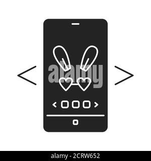 Application Digital face icône en glyphe noir. Oreilles de lapin avec filtre photo dans le smartphone. Pictogramme pour page Web, application mobile, Promo. Élément de conception UI UX GUI. Illustration de Vecteur