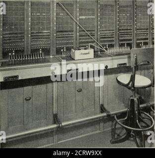 . Le journal technique de Bell System . Figure 3—ensemble de mesure de la transmission dev^eloped environ 1920 et genres associés utilisés sur un tableau de commutation pour tester les circuits de cordon ou les lignes de réseau interbureaux. Les deux unitssont nécessaires pour l'envoi ou la réception. La figure 3 montre le générateur de puissance d'essai et le dispositif de mesure développé environ 1920 pour l'utilisation dans l'usine locale pour mesurer l'équipement centralofifi.ce et les lignes de réseau interbureaux avec la puissance d'essai d'une fréquence unique, la fréquence employée habituellement étant de 1000 cycles. Lorsque DE NOUVEAUX SYSTÈMES DE MESURE DE LA TRANSMISSION 7 circuits de mesure entre bureaux, il est nécessaire Banque D'Images