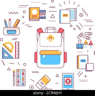 Bannière Web fournitures scolaires. École, fournitures de bureau. Infographies avec icônes linéaires sur fond bleu. Concept d'idée créative. Couleur du contour isolé Illustration de Vecteur