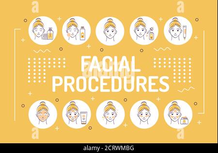 Procédures faciales lettrage typographie. Soins pour la peau des femmes. Nettoyage, tonification, hydratation. Infographies avec icônes linéaires sur fond beige Illustration de Vecteur