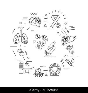 Bannière Web cancer. Oncologie diagnostic médical. Néoplasmes malins. Infographies avec icônes linéaires sur fond blanc. Concept d'idée créative Illustration de Vecteur