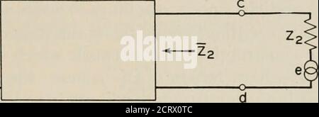 . La revue technique de Bell System . simplifier nous trouvons : (R, - Ry + {X, + xy=o qui ne peut être vrai que si : R = RiandX = - Xi en d'autres termes, Z est le conjugué de Zi. Nous pouvons énoncer ce résultat dans les mots suivants: Un réseau composé de réactatrices pures aura une impédance donnée,Z à une paire de bornes lorsqu'une impédance ZI est connectée à un deuxième ensemble de bornes si, lorsque le conjugué de Z est connecté à la première paire de bornes, L’impédance mesurée à la deuxième paire de bornes est leconjugate de Zi. Une MÉTHODE DE CORRECTION D'IMPÉDANCE 799 ce théorème peut être immédiatement mis en application Banque D'Images